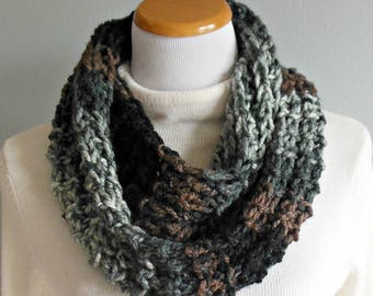 Infinity Scarf Hand Knit Thick & Chunky Black Gray Charcoal Brown Mocha