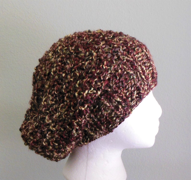 Hand Knit Multicolored Slouchy Hat Hand Knit Multicolored Beret With Lion Brand Homespun Yarn in Bark Black Burgundy Wine and Gold image 1