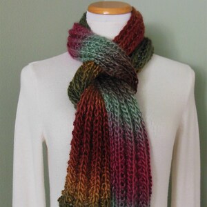 Hand Knit Long Ribbed Knit Scarf With Landscape Ombre Acrylic Yarn in Aqua, Brown, Gold, Olive, Mulberry and Russett image 2