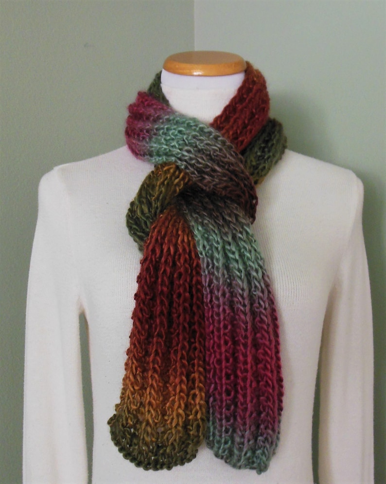 Hand Knit Long Ribbed Knit Scarf With Landscape Ombre Acrylic Yarn in Aqua, Brown, Gold, Olive, Mulberry and Russett image 2