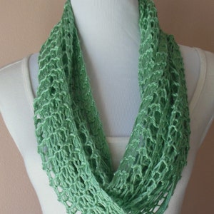 Spearmint Green Infinity Scarf Hand Knit Lacy Open Weave Light Weight Circle Loop Fashion Scarf image 2