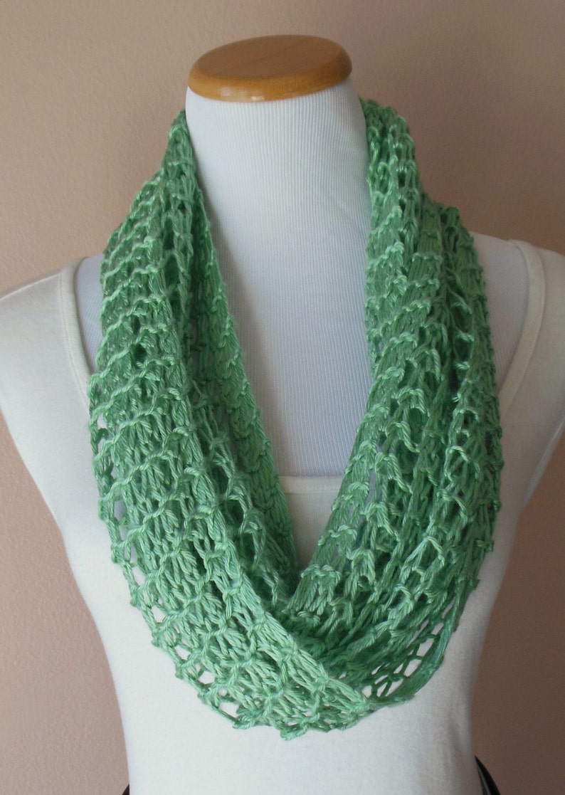 Spearmint Green Infinity Scarf Hand Knit Lacy Open Weave Light Weight Circle Loop Fashion Scarf image 2