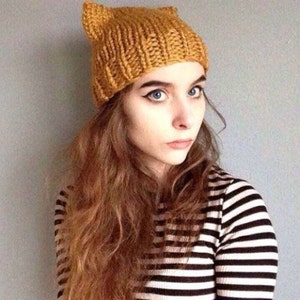 Kitty Hat Mustard Gold Wool Blend Kitty Hat Pussy Hat Hand Knit Cat Hat image 2