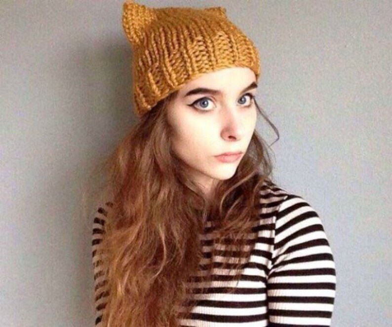 Kitty Hat Mustard Gold Wool Blend Kitty Hat Pussy Hat Hand Knit Cat Hat image 2