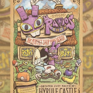 May include: A cartoon illustration of a shop called "Ravia's Shop" with a purple rabbit mascot. The shop is open for business and is located just south of Hyrule Castle. The sign reads "The Perfect Shop for a Hero!" and "Grand Opening!"