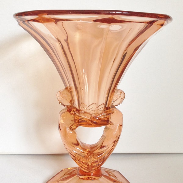MOVING SALE  50% reduction!  Deco glass - Wonderful Art Deco Pink / Peach Polished Glass Libochovice Figural Two Ladies Vase