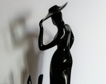 vintage retro kitsch lady in hat black ceramic figurine two pen holder 1980s art deco style