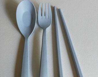 Pale blue bamboo spoon fork and chopsticks set cutlery set