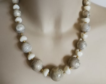 Necklace - gorgeous plastic large chunky grey and cream beads interspersed with small gold beads necklace