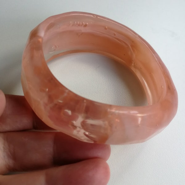 65mm diameter Bangle - funky clear pale peach transparent asymmetric marbled plastic bangle softly faceted with bubbles