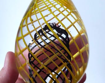Yellow and Black and Clear Paperweight with spiral design Art Studio Glass