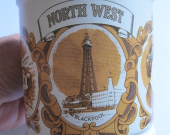 PERFECT GIFT - Large vintage Denby stoneware mug with images of North West of England Blackpool tower Lewis Carol