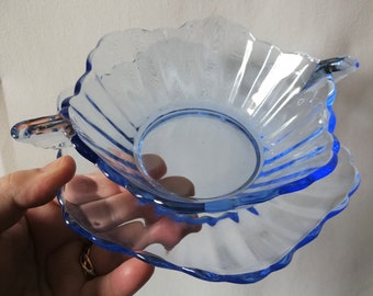 Vintage art deco glowing blue vaseline small glass fruit bowl and saucer uranium glow