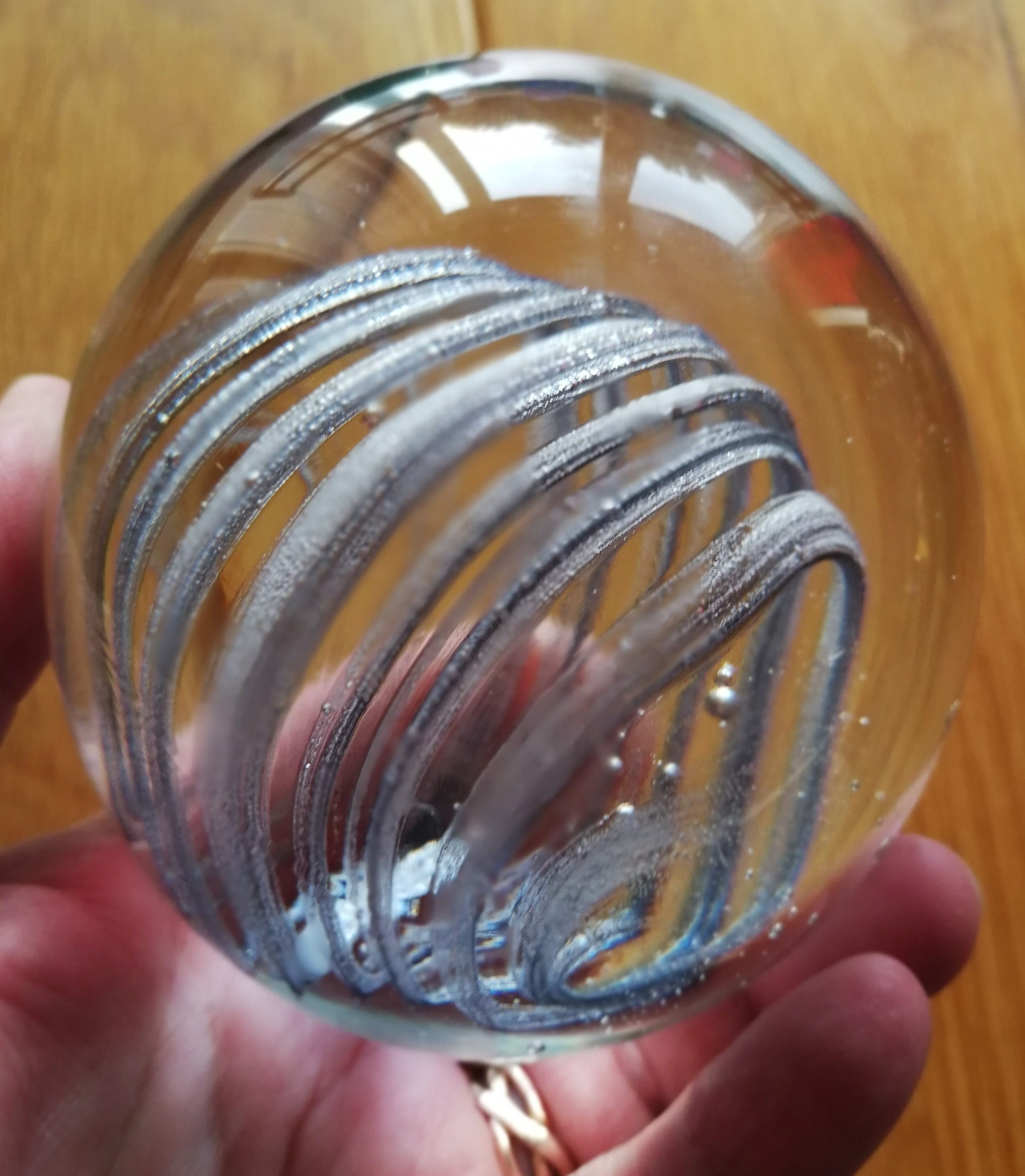 Stunning vintage glass PAPERWEIGHT clear with silver grey ribbon 3 inches
