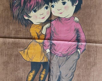 Paño de cocina vintage de algodón Fran Mar: ilustración de niño y niña, decoración de cocina de los años 70.