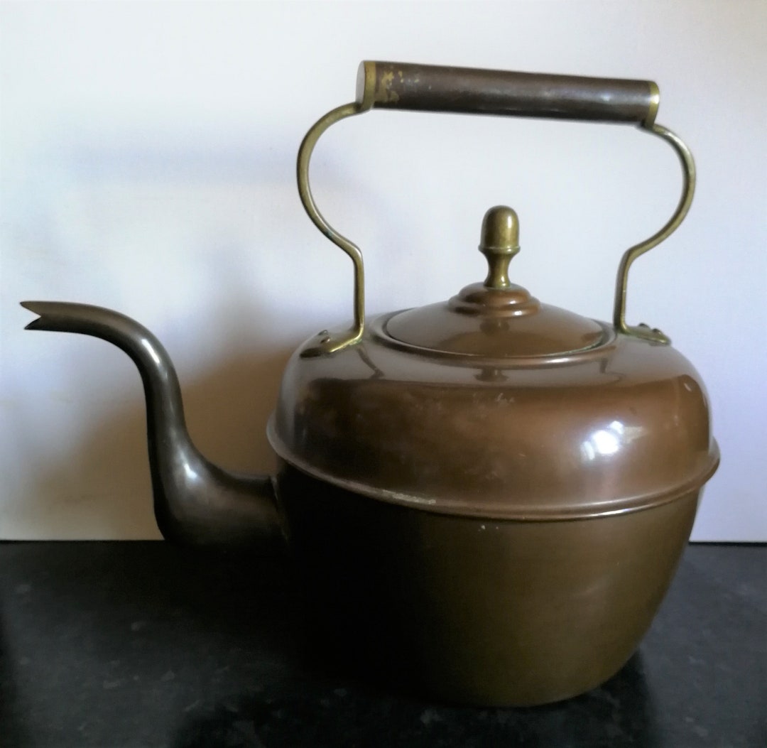 Vintage Very Large Antique Copper Stove Top Kettle Teapot With Its