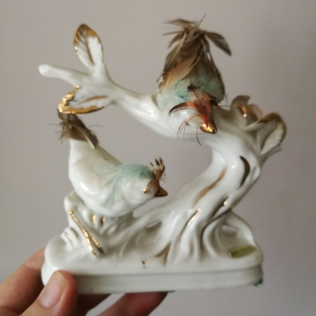 Vintage Bird Figurines Porcelain, Kitsch Feathered Bird Figures, Bird
