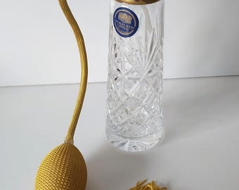 Cut Glass Perfume Scent Bottle With Gold Silk Covered Atomiser