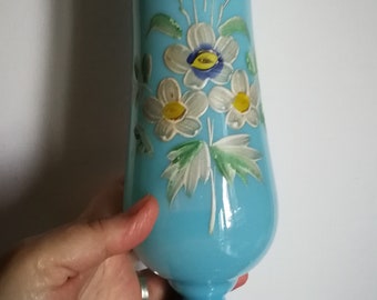 Victorian antique hand painted turquoise blue milk glass or opaline glass vase