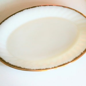 Vintage 1960s  Fire King Fireking translucent white milk glass oval serving platter 12 x 9 inches PERFECT with spiral edge and gold edging