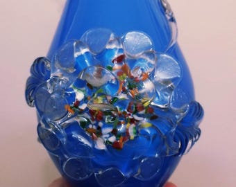 Large Vintage Retro Blue Glass Vase With Applied Floral