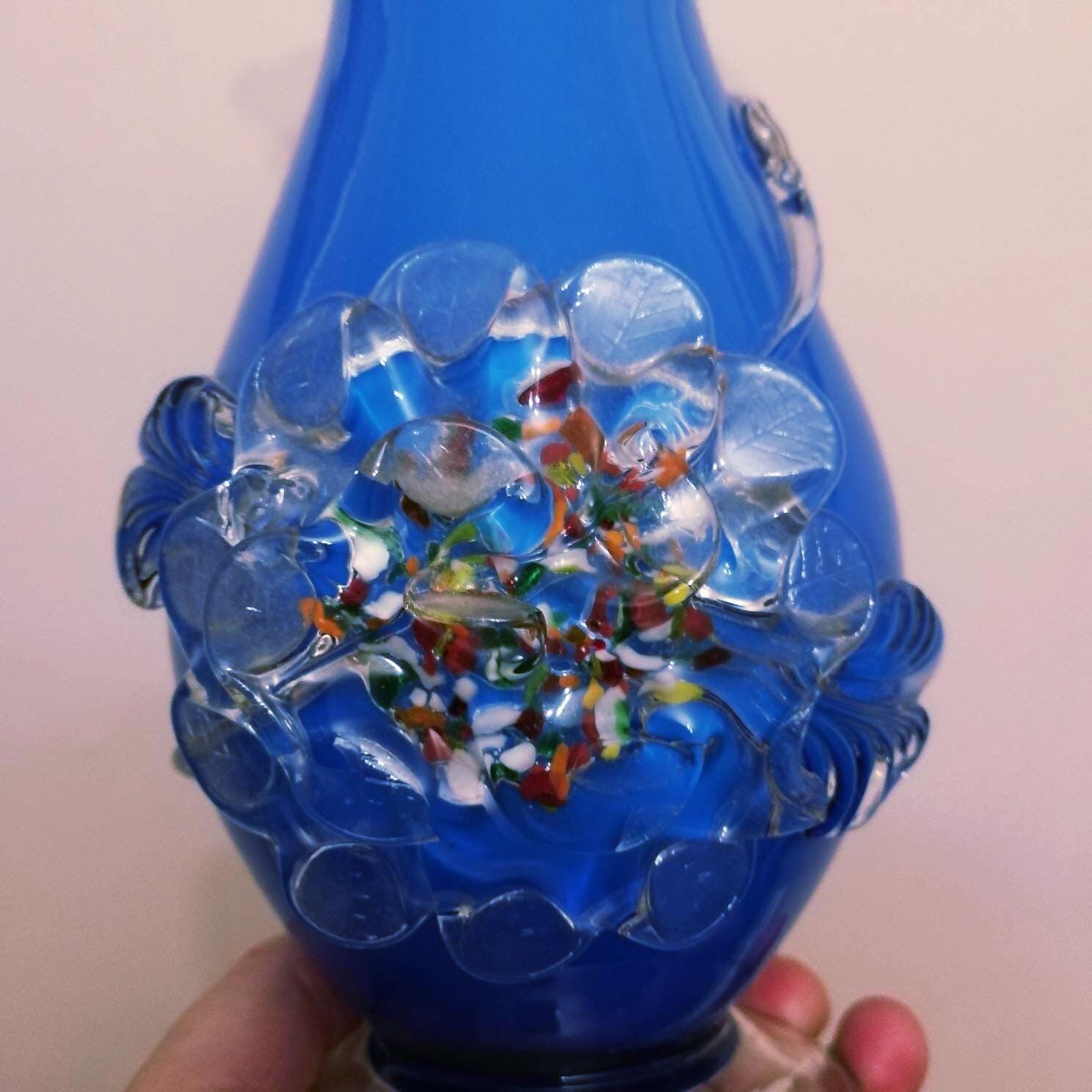 Large Vintage Retro Blue Glass Vase With Applied Floral