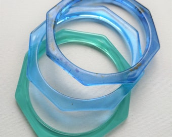 Set of three blue green marbled colours octagonal plastic bangles