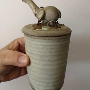 May include: A ceramic container with a lid, featuring a bird figurine on top. The container is light grey with horizontal ridges. The bird is a light brown colour. The lid has a light brown colour with some leaves. The container is held by a hand.