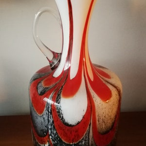 Vintage mid century modern Italian glass jug or pitcher vase with clear glass handle opaline white red and black by Carlo Moretti