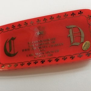 Gorgeous red and gold JOHN CHANCE glass platter commemorating the marriage of Prince Charles Lady Diana Spencer very retro chic perfect 1981