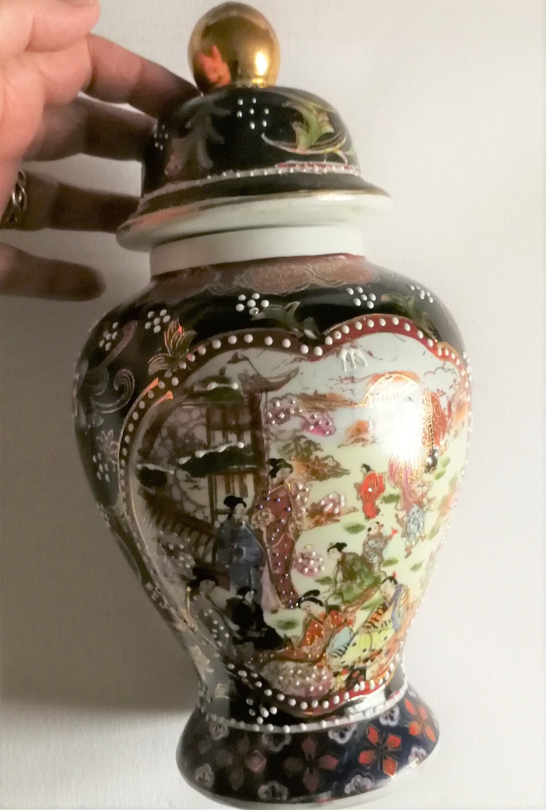 Satsuma Ginger Spice Jar With Lid and Finial China Hand Painted Chinese