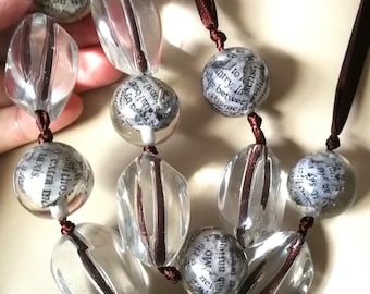 Chunky Lucite Necklace: Printed Paper Inclusions Statement Jewellery
