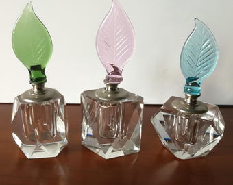 Vintage glass perfume scent bottle with leaf shaped stopper dropper CHOOSE YOUR COLOUR
