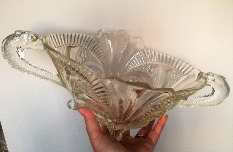 Large Oval Art Deco Vintage Clear Glass Bowl Brockwitz Germany Etsy