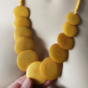 Necklace - flat pale yellow bone beads statement necklace