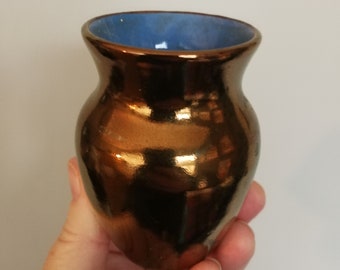 small blue lined vintage copper lustre pottery vase Creigiau studio pottery from Wales