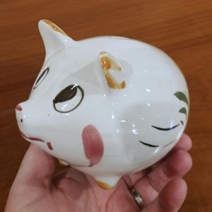 May include: A white ceramic piggy bank with painted details. The pig has brown eyes, pink cheeks, and yellow-tipped ears. Green leaf accents are on the side. The piggy bank is held in a hand.