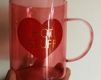 Pink Glass Mug Hot Stuff Love Heart fold writing including gift box Perfect Valentines day gift