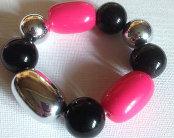 Bracelet  - pink black and silver plastic beads bracelet