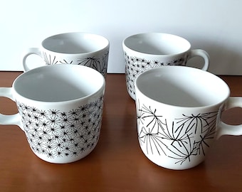 Vintage IKEA UNGDOM Mugs Set of 4, Black White Starburst Pattern