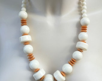 Necklace - Chunky cream plastic beads necklace with amber bead spacers