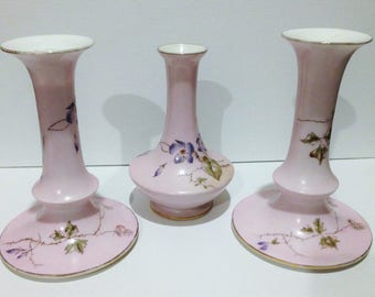 Very pretty and absolutley perfect vintage pink china dressing table candle sticks pair and matching vase floral design