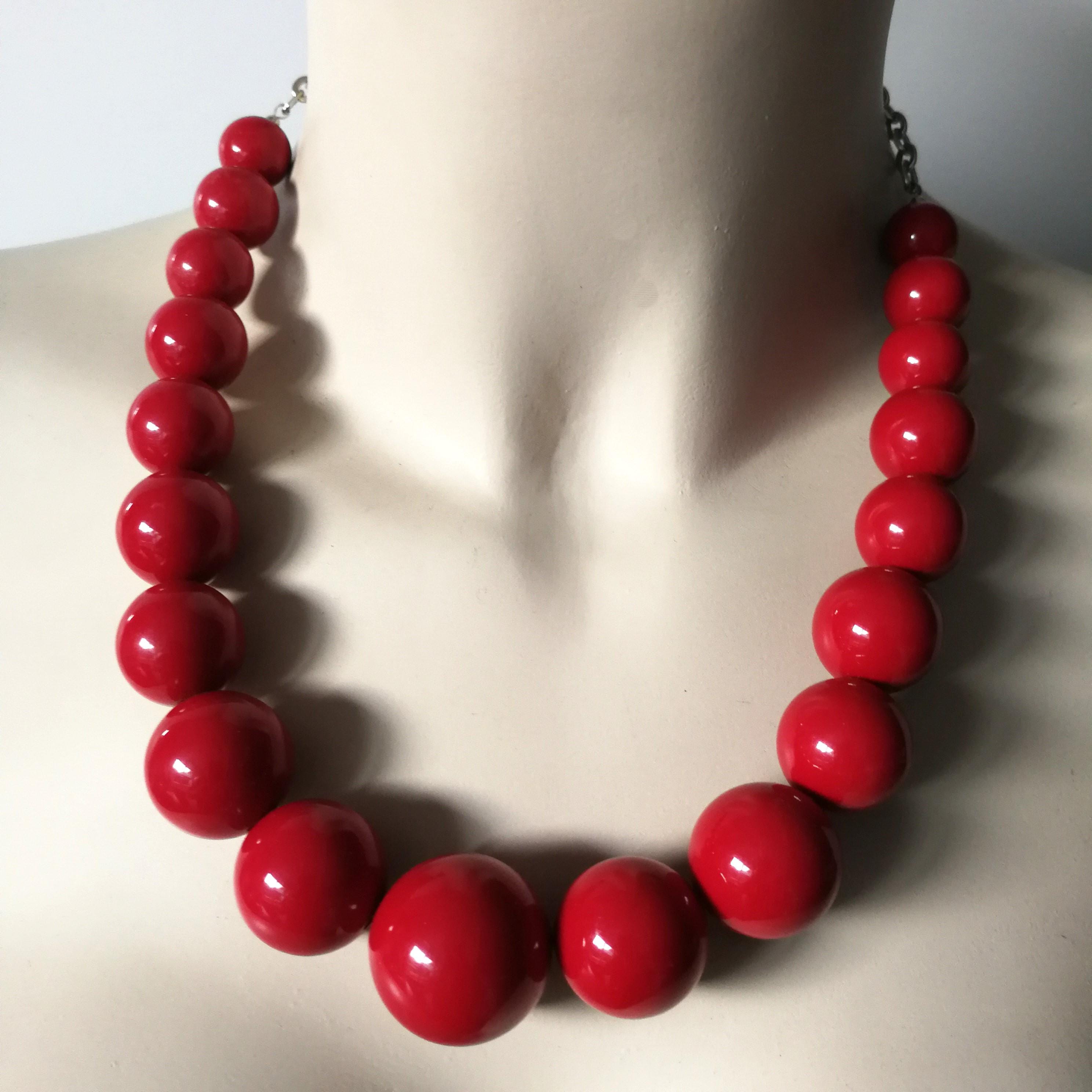 Halskette - Chunky funky roter Plastik abgestufte runde Perlenkette retro ungetragen