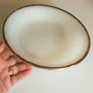 Vintage 1960s  Fire King Fireking translucent white milk glass 8 inch soup bowl ideal for pasta  PERFECT with spiral edge and gold edging