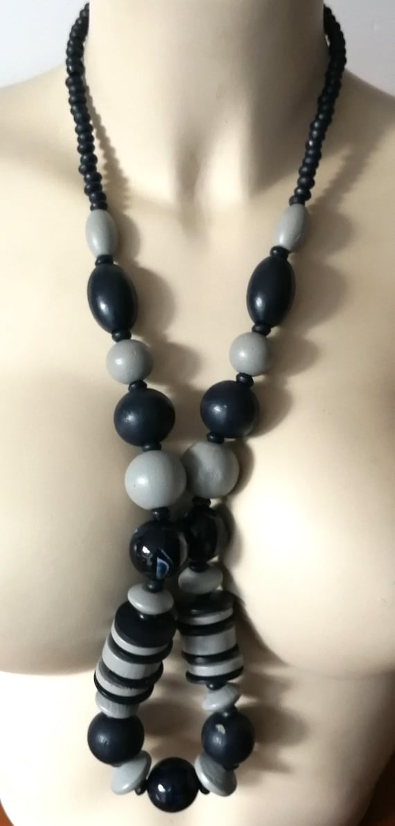 Collier Vintage En Perles De Bois Gris Marbré - Bijou Unique Et Original - État Impeccable