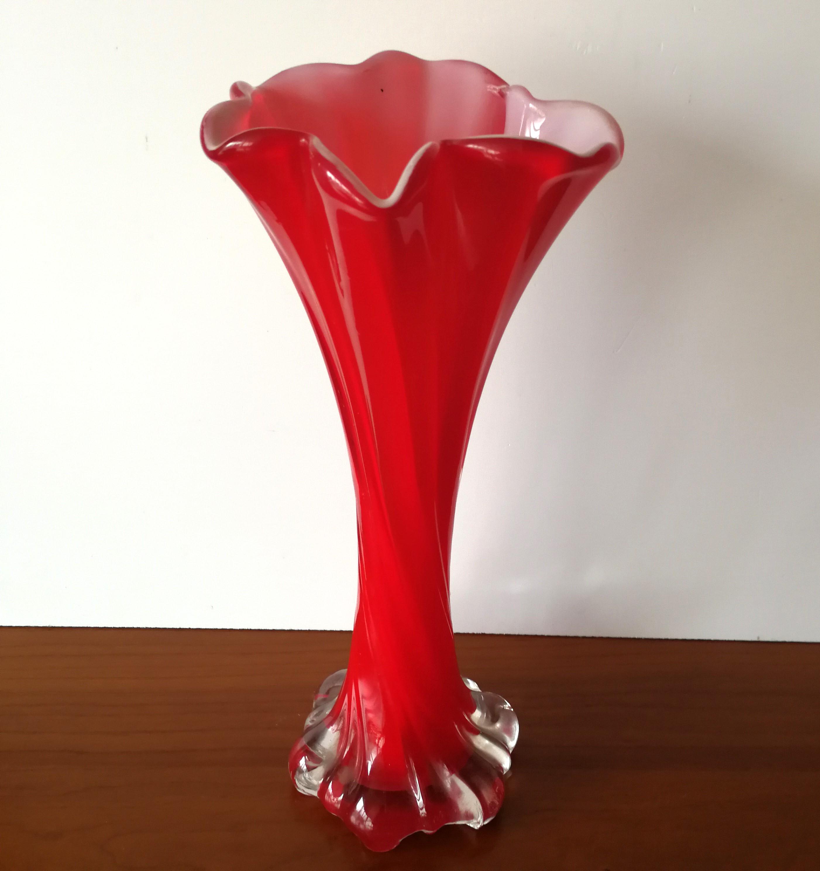 Vintage Red Twisted Glass Vase: Ruffle Top, White Interior