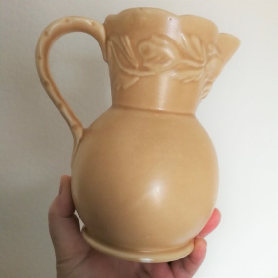 Vintage Art Deco Pottery Vase: Floral Design, Beige Satin Glaze, Made in England