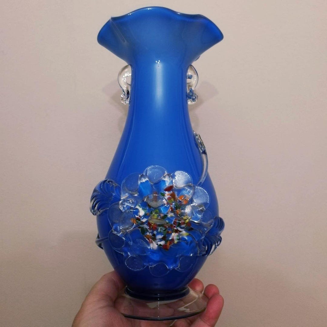 Large Vintage Retro Blue Glass Vase With Applied Floral
