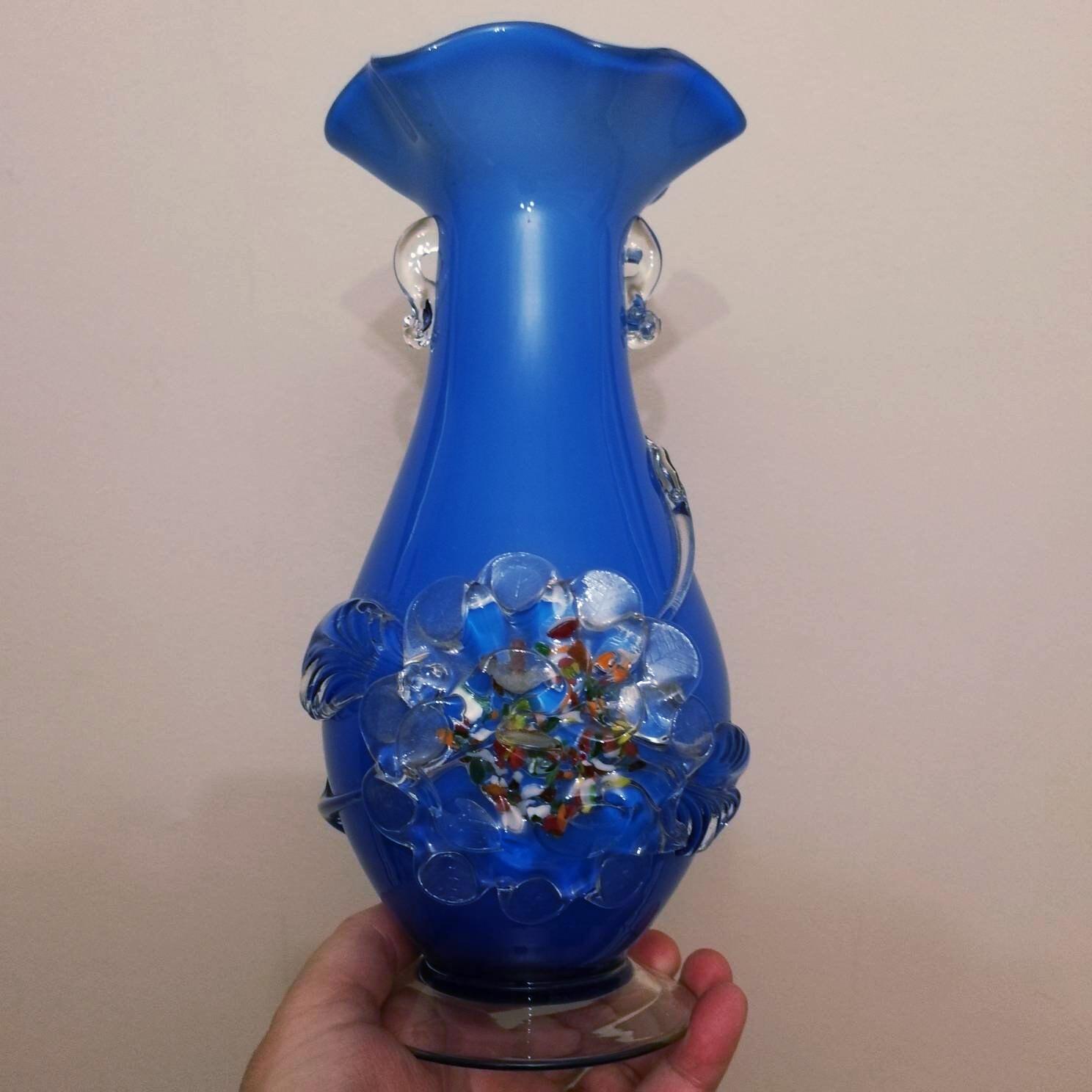 Large Vintage Retro Blue Glass Vase With Applied Floral