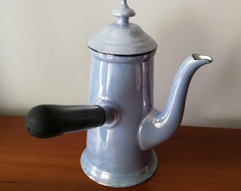 Vintage blue lustre coffee pot jug  with wooden handle left handed - in perfect condition